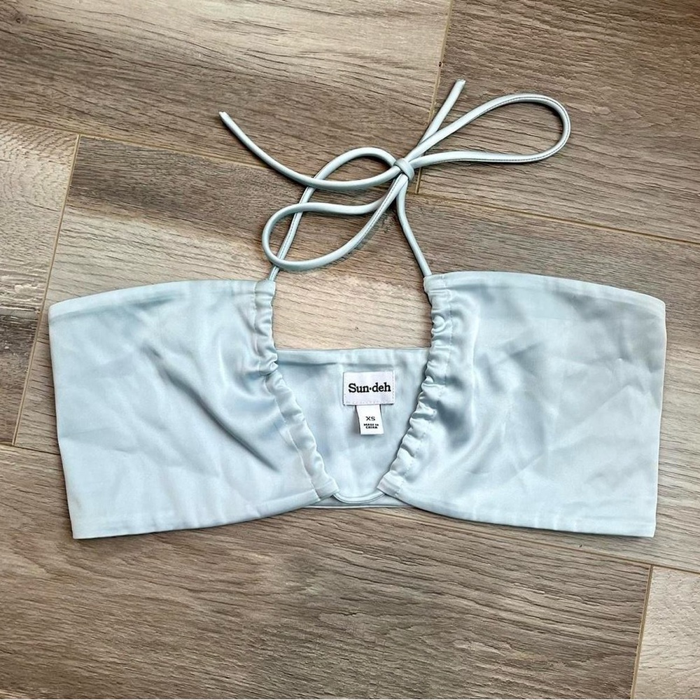 Aritzia Sun-Deh Light Blue Satin Cora Top